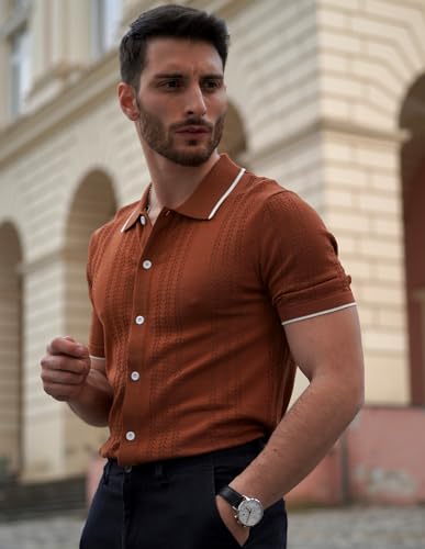 Grace Karin Mens Breathable Casual Button Down Shirt Hollow Out Lightweight Summer Polo Shirt Coffee Xl thumb #6