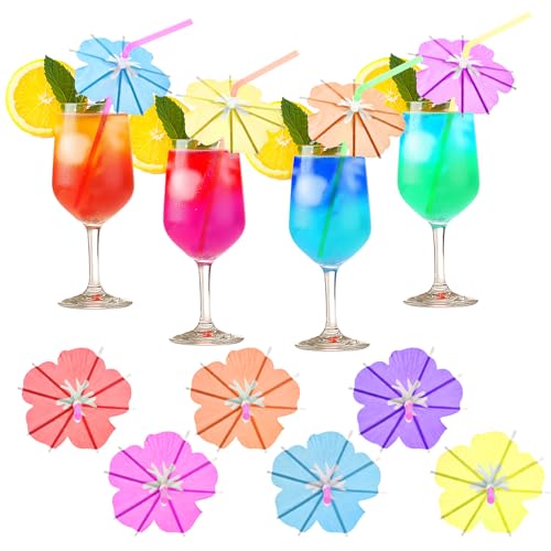 WELLFAR Fun Umbrella Drink Straws, Tropical Cocktail Straws with Mini Umbrella, Tiki & Hawaiian Party Decorations, Colorful Parasol Straw for Margarita, Pina Colada, Mojito, Summer Beverages. 50 PCS