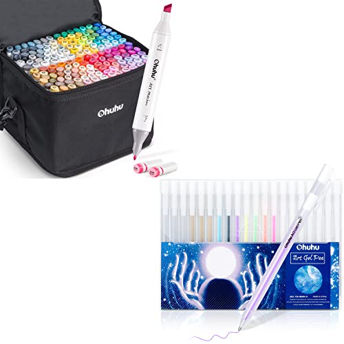 Ohuhu Dual Alcohol Art Markers - Double Tipped Alcohol-Based Marker Set -160 Colors + 20 Packs 10 Colors Gold Silver White Gel Ink Pen #TOP9