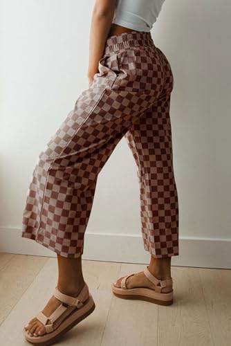 SELINK Women Casual Checkered Elastic High Waist Loose Pants with Pockets Plaid Straight Wide Leg Soft Daily Trousers2