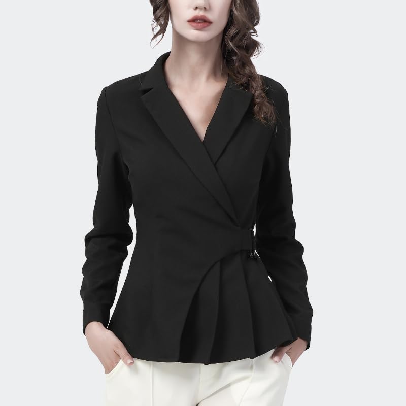 Traje de Oficina para Mujer, Camisa con Cuello, Camisa Lisa de Manga Larga Plisada, Blusas de Mujer, Tops de Primavera de Estilo francés (Negro XL)
