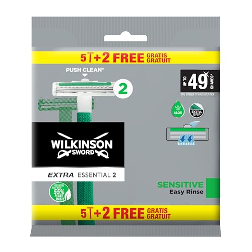 Wilkinson Sword Extra 2 Sensitive   Pack de 5 + 2 Maquinillas de Afeitar Desechables   Banda lubricante con Vitamina E para evitar la irritación de la piel   Protección Afeitado Total