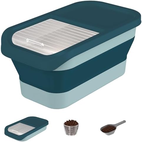 HBlife 13 Lbs (6 L) Dog Food Storage Container Collapsible Airtight Pet Food Storage, Rice Dispenser with Measuring Scoop and Measuring Cup, Sealed Dog and Cat Food Bin, Dark Green