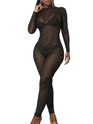 Floerns Womens Long Sleeve Sheer Rhinestone Party Unitard Jumpsuit Without Lingerie Black Medium