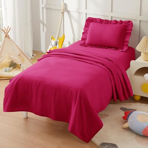 Image of KKJIAF 3 Piece Toddler Sheet Set Microfiber, Includes a Flat Sheet, a Fitted Sheet and a Ruffle Pillowcase, Hot Pink