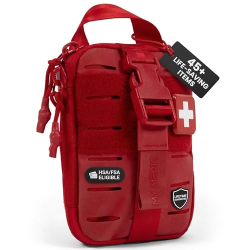 My Medic Sidekick Pro - Camping Hiking and Backpacking First Aid Kit - 70 Items with Tourniquet - HSA and FSA Eligible - Small Ifak Great for Travel or Motorcycle - Portable Emergency Kit Red