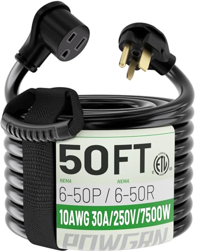 POWGRN 30 AMP 50ft Welder Extension Cord Outdoor 10 Gauge, 250V NEMA 6-50 Heavy Duty Welding Cord 3 Prong, 10AWG SJTW Black, ETL
