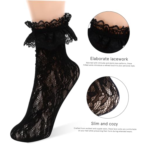 Image of SHERCHPRY 2 Pairs Women Lace Socks with Ruffle Frilly Socks Women Lace White and Black Ruffle Sock for Woman Ladies Accessories