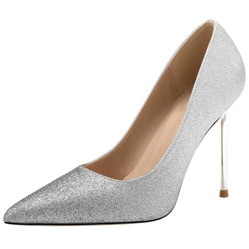 Kvinnors paljetter klackskor - 10 cm stilettklackar med andningsbar EVA-innersula, för bröllop och kvällsfester, Silver, 35 EU