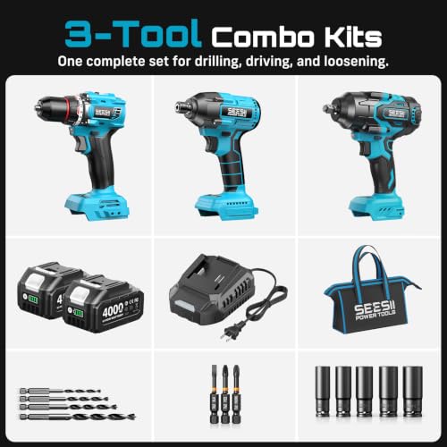 Image of Seesii Impact Wrench Drill Driver,Power Tool Combo Kit For Car Home DIY | 1000N.m Impact Gun,1 /4 inch 180N.m Impact Driver and 3 /8 inch 50N.m Cordless Drill,2 * 4.0Ah Bartteris,Brushless,Fast Charger