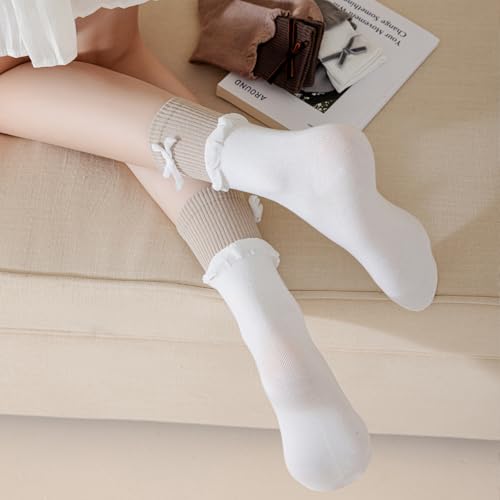 Image of Yomutiur Crew Socks for Women, Double Ribbed Sock Cuff with Cute Bow Sweet Cotton Rolled Socks Odor-resistant