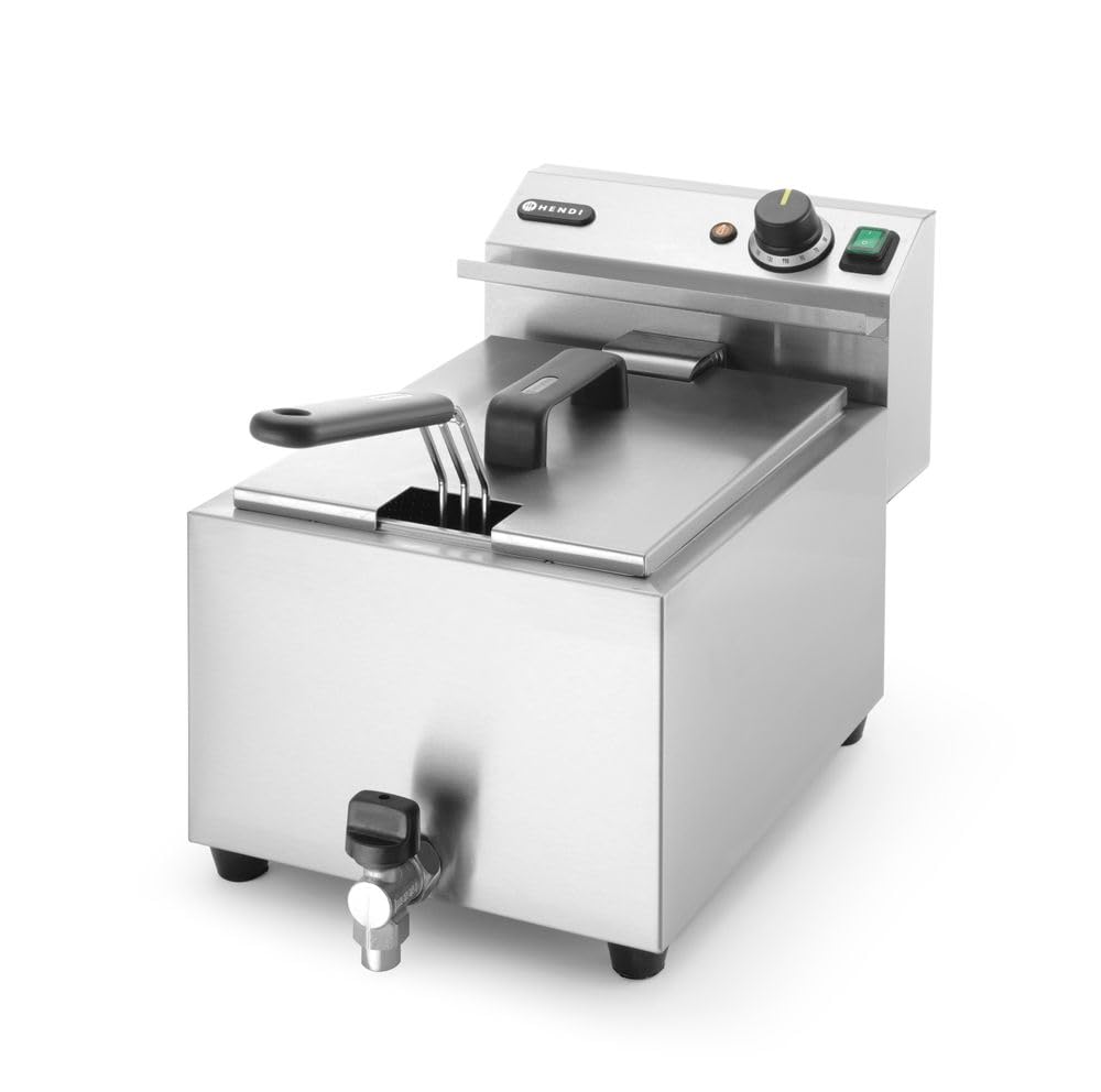 HENDI Freidora eléctrica, T ajustable hasta 195°C, termostato de seguridad, zona fría, con tapa y cesta de freír, con grifo de drenaje, 8L, 230V, 3500W, 300x515x(H)345mm, acero inoxidable 18/0
