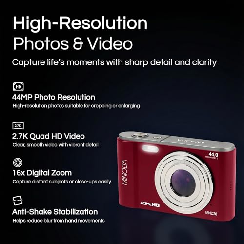 Minolta MND20 44 MP / 2.7K Ultra HD Digital Camera (Red)