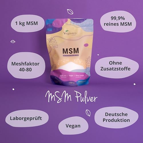 MSM Pulver 1000 g Vegavero | 99,9% rein | Deutsche Produktion | Methylsulfonylmethan | Organischer Schwefel | Kristallin | Laborgeprüft & Ohne Zusätze | Vegan