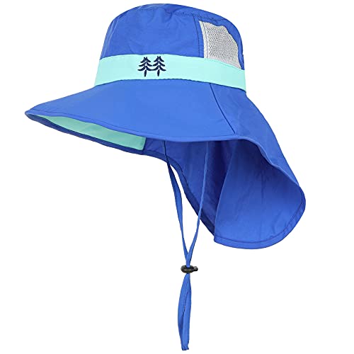 Aenmt Kids Sun Hats UPF 50+ Sun Protection Hat for Kids with Neck Flap Adjustable Large Brim Beach Fishing Hat for Age 3-12 Blue