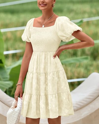 Image of dowerme Womens Summer Dresses 2025 Puff Short Sleeve Square Neck Smocked Floral Wedding Guest Mini Dress with Pockets