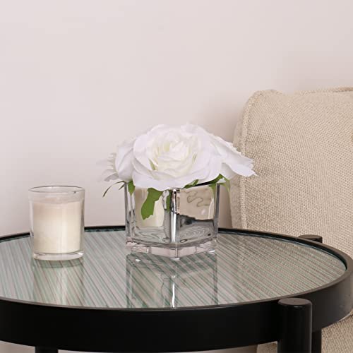 Nisoger Artificial Flowers In Vase, White Silk Rose Faux Flowers In Vase, Fake Flowers With Vase Bouquets Arrangements Home Decoration For Dinning Table Centerpieces Bedroom Bathroom Kitchen, White #TOP2