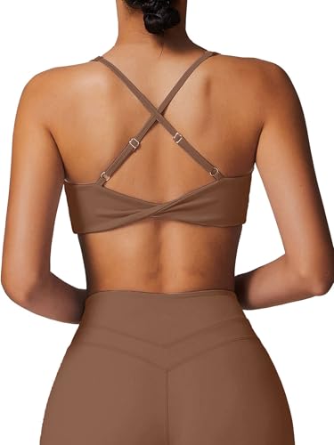Image of ABOCIW Womens V Neck Twist Back Sports Bra Padded Low Impact Fitness Yoga Bra Workout Crop Top