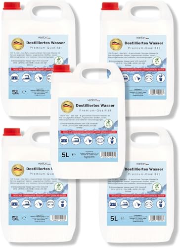 VENTON Destilliertes Wasser, 25 Liter (5 x 5 Liter), Geeignet für Batterien, Aquarien, Bügeleisen & Pflanzen, Aquarien- und Teichwasseraufbereitung (Chemica)