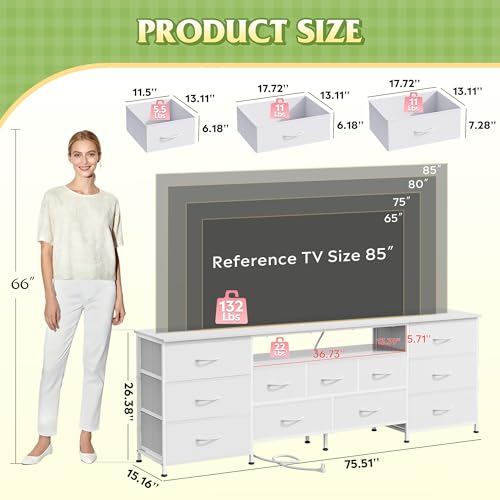 Image of WLIVE 75.5 inch TV Stand for 65, 75, 80, 85 Inch TV, Dresser for Bedroom with Power Outlets & LED Lights, 11 Drawer Fabric Dresser with Open Shelves, Entertainment Center with Storage, White