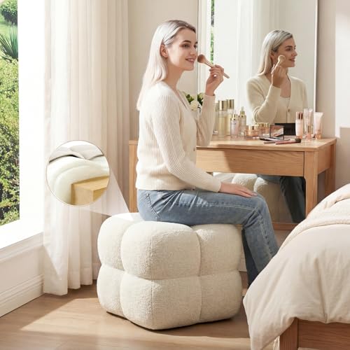 Image of Zesthouse Square Pouf Ottomans Set of 2, Modern Backless Vanity Chair for Bedroom, Beige Linen Foot Rest for Couch, Upholstered Tufted Footstool, Poofy Fabric Ottoman Coffee Table for Living Room