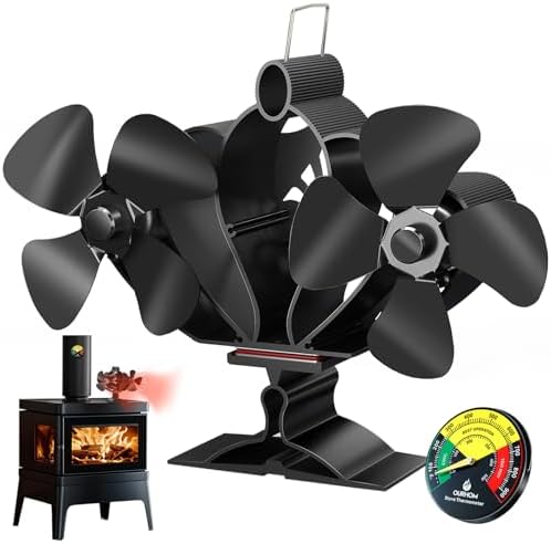 Ourhom Wood Stove Fan with Magnetic Thermometer, 8 Blades, Silent Motors, Horizontal Air Flow for Wood/Gas/Pellet Stoves and Fireplaces