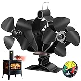 Ourhom Wood Stove Fan, Fireplace Fan with Magnetic Thermometer & Bracket, 8 Blades Heat Powered Fan, Silent Motors, Horizontal Air Flow for Wood/Pellet Fireplaces (Black-Fan+Thermometer)