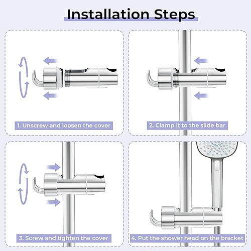 Alyvisun Adjustable Shower Head Holder with 2 Hooks, Universal Shower Holder Bracket for 16-27mm Slide Rod, Chrome Plated Shower Slider Rail Clamp Shower Holder Replacement, Easy Installation