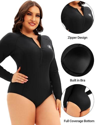 Holipick Plus Size One Piece Rash Guard for Women Long Sleeve Swimsuit Zipper UPF 50+ Surfing Bathing Suit3