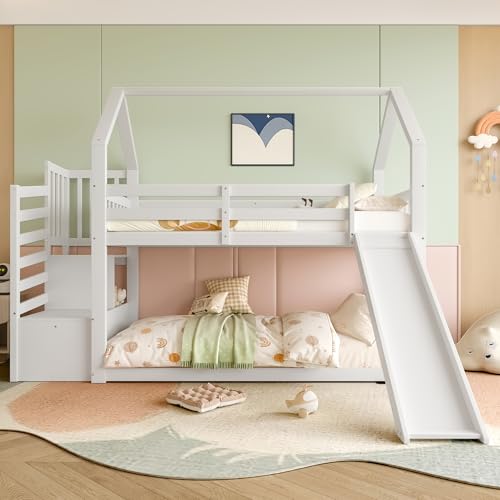 Kinderbett 90x200 cm Etagenbett für 2 Kinder, Hausbett Hochbett mit Rutsche und Stauraumtreppe, Holzbett mit Rausfallschutz und Lattenrost, Multifunktionsbett Stockbett Spielbett, Ohne Matratze, Weiß