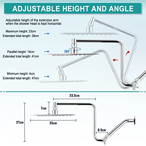 10" High Pressure Rainfall Shower Head With Handheld Combo, Upgrade 12" Extension Arm Height Adjustable, Powerful Stainless Steel Shower Head, Brass Shower Holder Extra Long Shower Hose, Chrome #TOP1