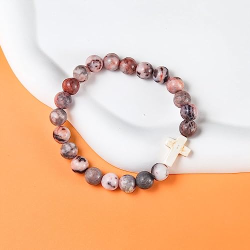 Pingyongchang Christian Gifts For Women, Men Cross Beads Stretch Bracelet Catholic Religious Jewelry Gifts Healing Natural Stone Pink Zebra Bracelet For Women Godmother thumb #1