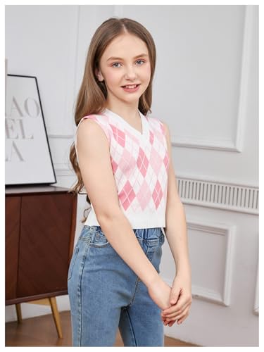 Image of OYOANGLE Girl's Argyle Plaid V Neck Sweater Vest Sleeveless Preppy Casual Pullover Knitted Tank Tops