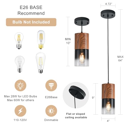 Image of 2-Pack Modern Pendant Lights for Kitchen Island, Adjustable Black Pendant Light Fixtures with Brown Wood Grain, Industrial Glass Pendant Lights for Dining Table Hallway Bedroom Living Room