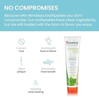 Himalaya Botanique Complete Care Toothpaste, Herbal, Peppermint Flavor, Fights Plaque, Freshens Breath, Fluoride Free, No Artificial Flavors, SLS Free, Cruelty Free, Foaming, 5.29 Oz, 4 Pack…