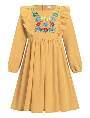 AWIBMK Kids Baby Girls Mexican Embroidered Dress Boho Floral Ruffle Long Sleeve Spring Fall Party Cinco de Mayo Dresses2