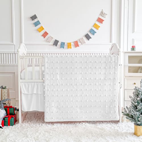 Image of White Crib Bedding Set Tufted Dots Jacquard Baby Comforter with Fitted Sheet and Bed Skirt - Cute Embroidery Boho Shabby Chic Soft Blanket Pom Pom Tufts 3pc Crib Bed Set