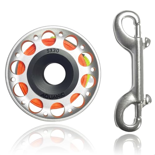 Carrete de buceo de 102 pies, carrete de dedo con perno de doble extremo, clip a presión, carrete de aluminio para buceo, pesca, color plateado