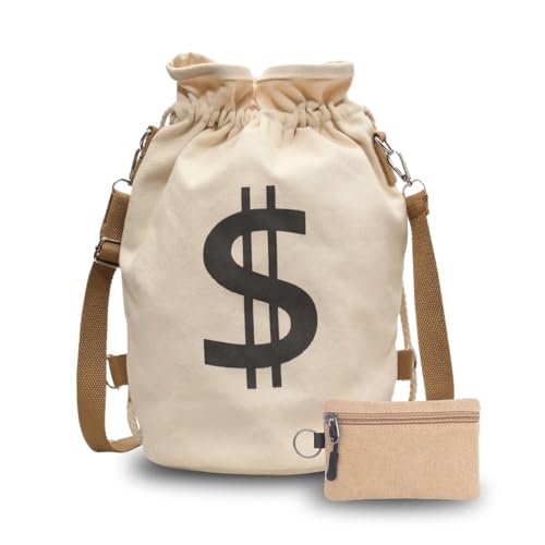 Canvas Drawstring Backpack with Coin pouch, Large Money Dollar Sign Bucket Rucksack, Lightweight Sport Bags (Off White)