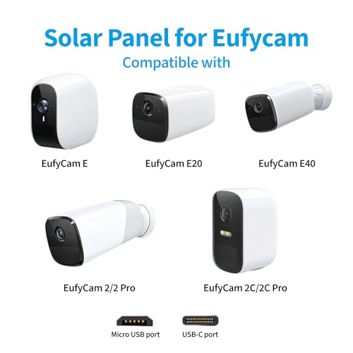 Solar Panel Charger Compatible with Eufycam 2C/2C Pro/E40/E20/2/2 Pro/E, 5V 5W Continuously Charging, 9.8ft Cable, Weatherproof (1Pack)