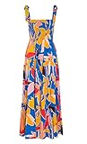 GOLDSTITCH Women's Summer Boho Spaghetti Strap Ruffle A Line Beach Long Maxi Dress, Blue Floral, Medium