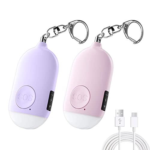 防犯ブザーUSB充電式【充電端子をType-Cにアップグレード】【2個セット 紫+ピンク】 LEDライト付き 防犯アラーム 大音量130dB 防水 防犯 ブザー 小学生 女の子 男の子 女性 大人 子供 ランドセルにつける