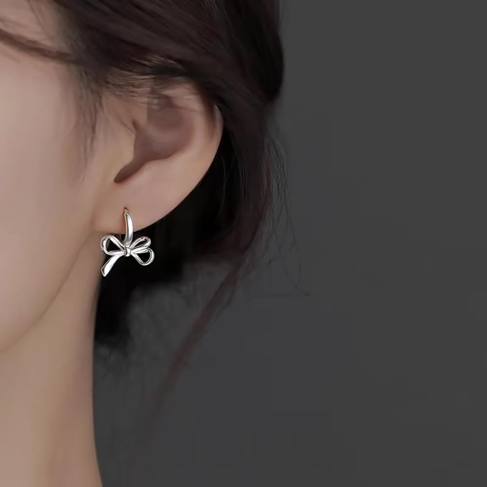Bow Drops Hoop Earrings Huggie for Women Teens 925 Sterling Silver Ribbon Hoop Earrings Bowknot Hypoallergenic - Image 4