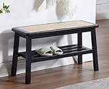 Shunzhi Rattan Entryway Bench with Shoe Rack Black Wood Storage Bench Indoor Wicker 30 Inches Small Bench Farmhouse Cane Vintage Rustic Accent Bench for Living Room/Bedroom/Hallway/Porch