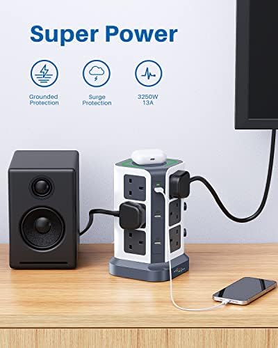 Tower Extension Lead with Wireless Charger,[13A 3250W] Surge Protector,12 AC Outlets & 6 USB Ports Multi Plug Socket Power Strip with Heavy-Duty Extension Cable 2m