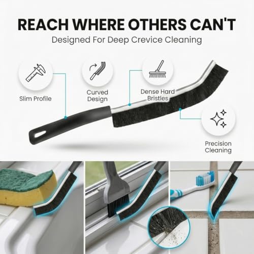 Image of Hard Bristle Crevice Cleaning Brush - Pack of 6 | Brush for Kitchen, Bathroom, Toilet, Grout, Faucet, Window Track & Sink | Multifunctional Scrub Brush| Gap Cleaner Tool (Black)