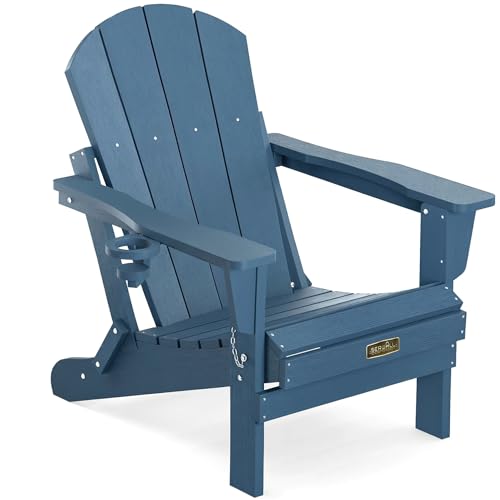 SERWALL Folding Adirondack Chairs with Cup Holder, Weather Resistant Adirondack Chairs for Outdoor, Patio, Lawn, Garden, Backyard Deck, Fire Pit - Blue
