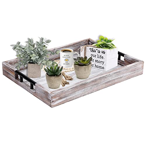 Rustic Serving Tray with Metal Handles,Farmhouse Wooden Tray for Coffee Table,White Decorative Ottoman Tray for Home Decor,Breakfast Board Tray in Bedroom Living Room