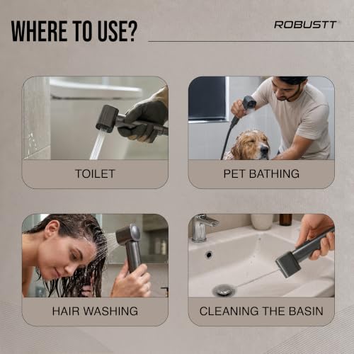 Image of Robustt Health Faucet for Toilet with 1.2m Hose | with Adhesive Wall Mount Holder |2 Flow Modes | Jet Spray Pipe for Toilet with Stream & Rain Settings, - Chrome Finish Bathroom Faucet