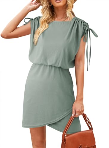 Image of Dokotoo Womens 2024 Summer Dress Drawstring Cap Sleeve Crew Neck Wrap Bodycon Dresses Mini Short Dress